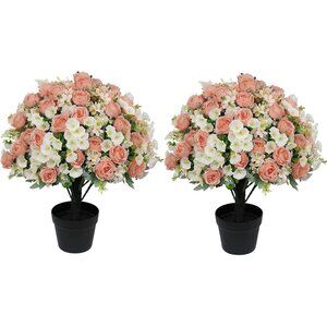Set-2 Peach Artificial Flowers Blooms Eucalyptus Plants Cement Pots Accent Decor